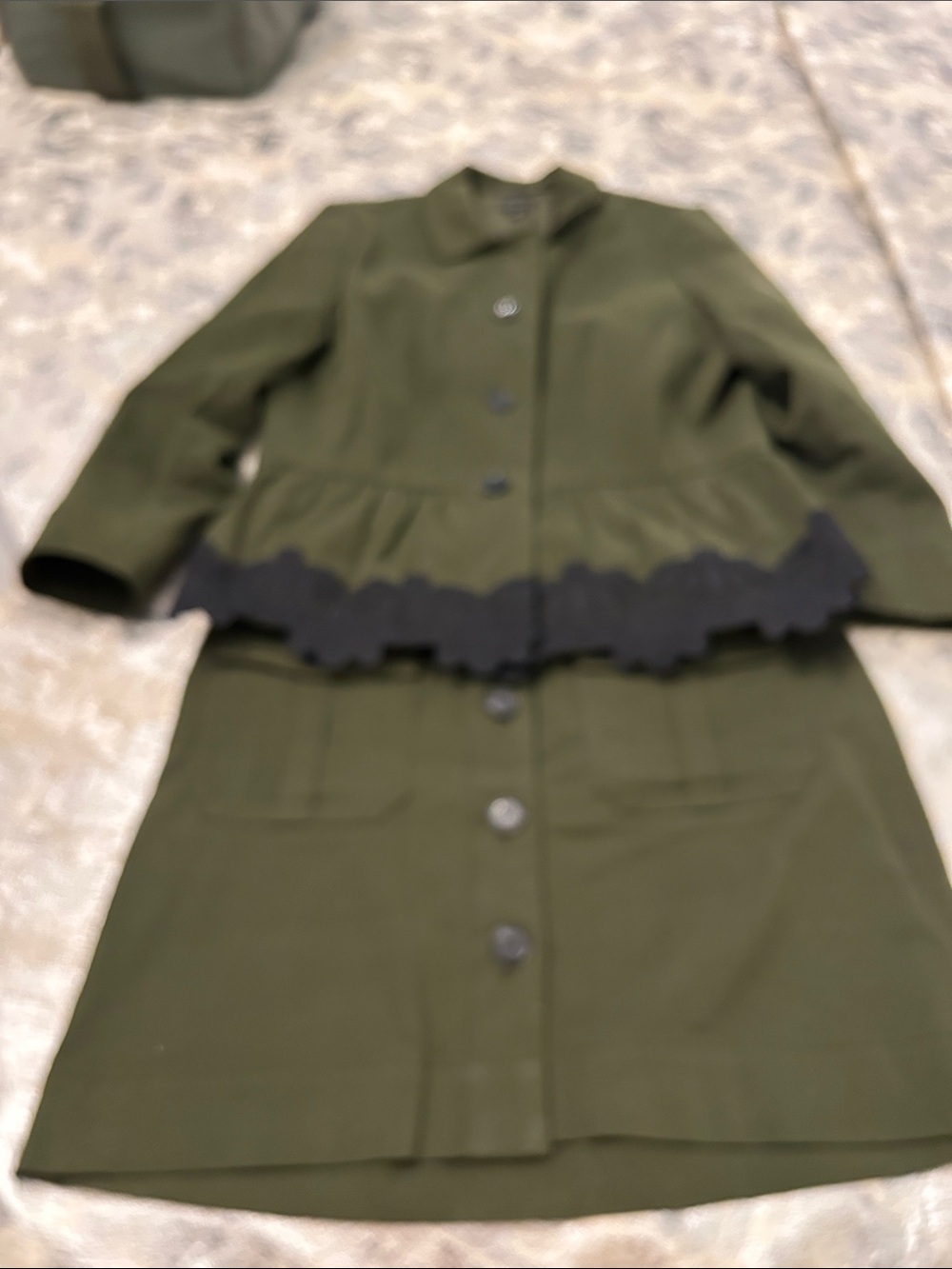 Ann Taylor Factory suit Olive Green Peplum Blazer with Black Trim and skirt